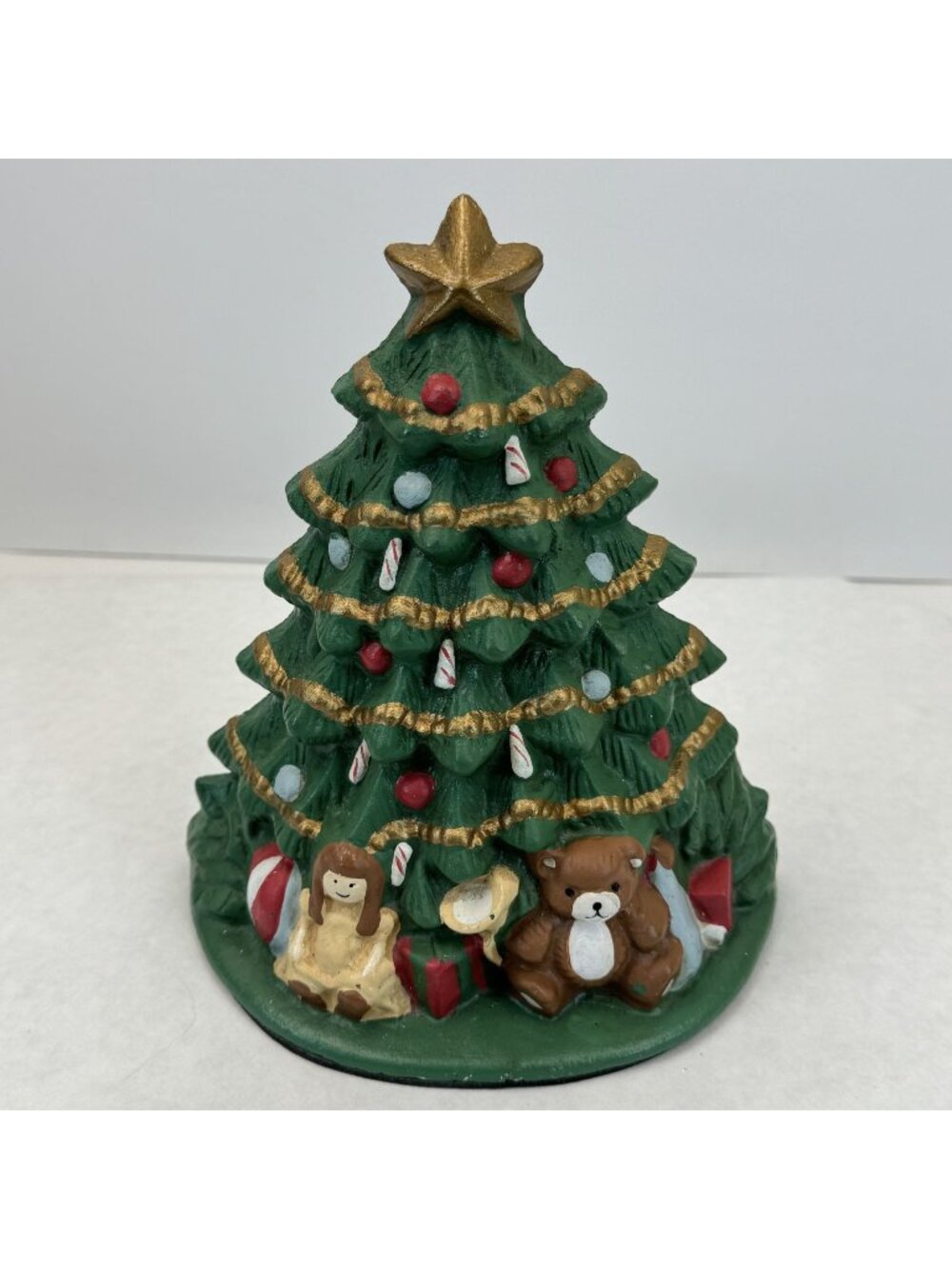 Vintage Lillian Vernon Christmas Tree Cast Iron Doorstop 7.5" Painted Toys #751C